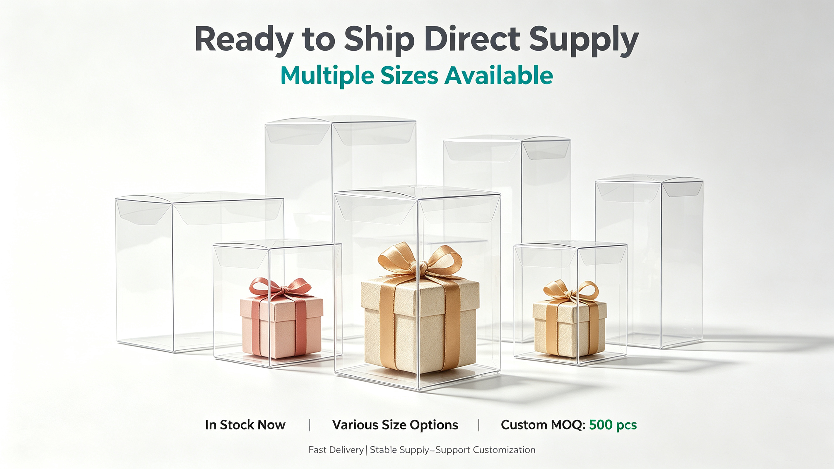 We offer transparent packaging boxes in over 100 sizes and also accept custom orders.